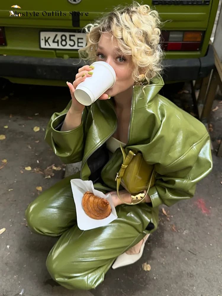 Vintage Green Leather Skirts Jackets Suit Women's Slim Zipper Coat With Pocket Split Skirt 2026 New Winter Autumn Ladies Outwear