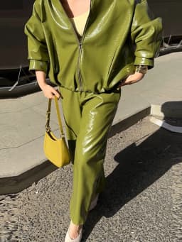 Vintage Green Leather Skirts Jackets Suit Women's Slim Zipper Coat With Pocket Split Skirt 2026 New Winter Autumn Ladies Outwear