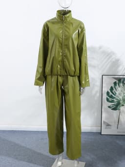 Vintage Green Leather Skirts Jackets Suit Women's Slim Zipper Coat With Pocket Split Skirt 2026 New Winter Autumn Ladies Outwear