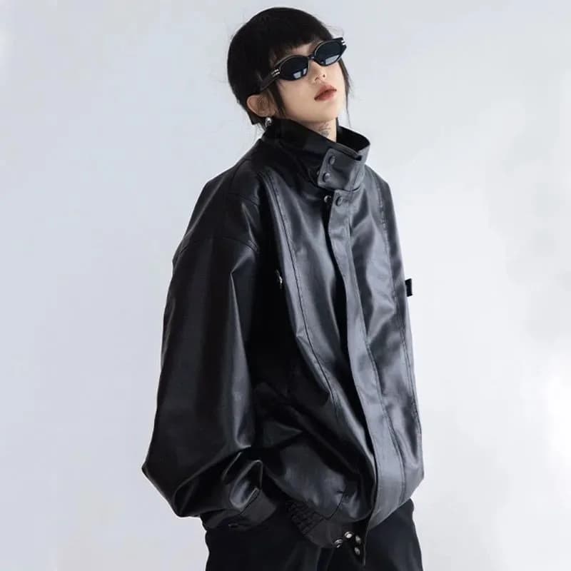 Harajuku Pu Jacket Women Turtleneck Fashion Faux Leather Long Sleeve Coat Heavy Metal Black Y2K Outerwear Female Tops