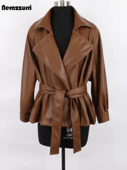 Nerazzurri Spring Autumn Short Brown Black Soft Light Faux Leather Jackets for Women Belt Lapel Casual Loose Korean Fashion 2022