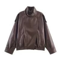 Women Faux Leather Loose Jacket Vintage Stand Collar Zipper Singe Button Long Sleeve Female Coat 2026 Spring Lady Streetwear
