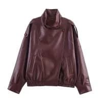 Women Faux Leather Loose Jacket Vintage Stand Collar Zipper Singe Button Long Sleeve Female Coat 2026 Spring Lady Streetwear