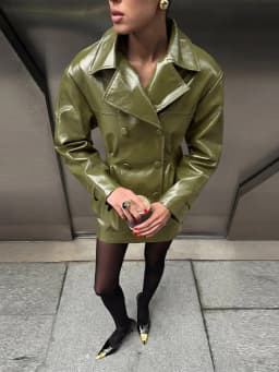 Fashion Women PU Leather Skirts Set Turn-down Collar Double Breasted Waisted Coat Mini Skirt Women High Street Solid Spring Sets