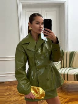 Fashion Women PU Leather Skirts Set Turn-down Collar Double Breasted Waisted Coat Mini Skirt Women High Street Solid Spring Sets