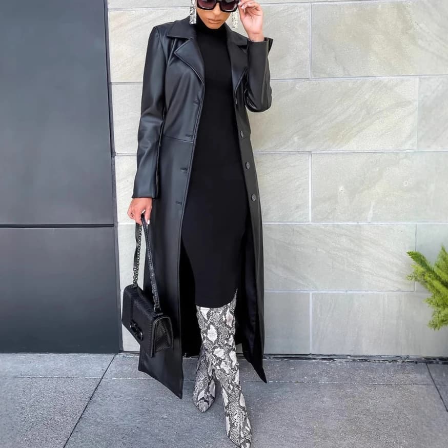 Faux PU Leather Coats Women Single Breasted Long Coat Turn Down Collar Y2k Streetwear Jackets Splice Open Stitch 2025 Jacket