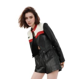 Women's Autumn/Winter Top Coat Imitation Leather Stand-up Collar Short Stripes Zipper Casual Design Fashion New Versatile Skinny