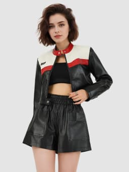 Women's Autumn/Winter Top Coat Imitation Leather Stand-up Collar Short Stripes Zipper Casual Design Fashion New Versatile Skinny