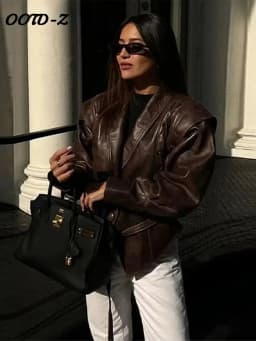 Faux Leather Brown Women Jackets Belt Lace Up Lapel Female Coat 2026 Autumn Vintage Casual Spring Long Sleeve Lady Outwear