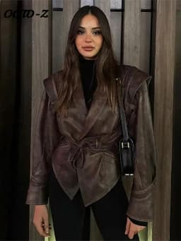 Faux Leather Brown Women Jackets Belt Lace Up Lapel Female Coat 2026 Autumn Vintage Casual Spring Long Sleeve Lady Outwear