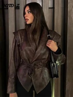 Faux Leather Brown Women Jackets Belt Lace Up Lapel Female Coat 2026 Autumn Vintage Casual Spring Long Sleeve Lady Outwear