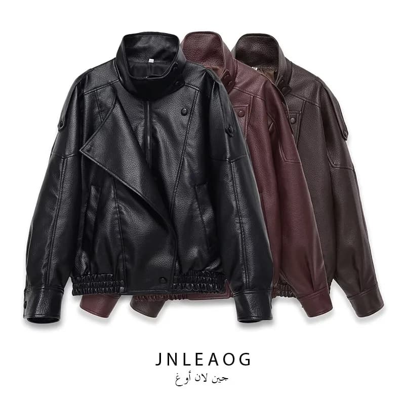 Fashionable Long Sleeve Stand Collar Workwear Leather Jacket for Women Autumn New Style Versatile Commute Style Polyester Fiber