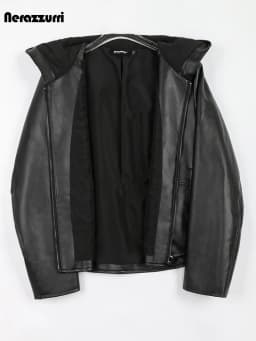 Nerazzurri Spring Autumn Black Short Soft Light Pu Leather Jacket Women with Hood Zipper Waterproof Casual Raincoat Clothes 2022