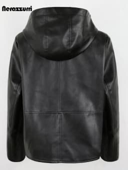 Nerazzurri Spring Autumn Black Short Soft Light Pu Leather Jacket Women with Hood Zipper Waterproof Casual Raincoat Clothes 2022