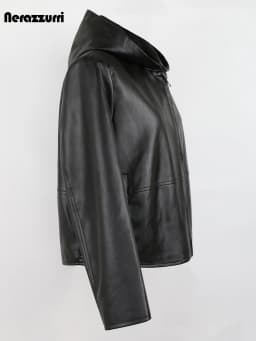 Nerazzurri Spring Autumn Black Short Soft Light Pu Leather Jacket Women with Hood Zipper Waterproof Casual Raincoat Clothes 2022