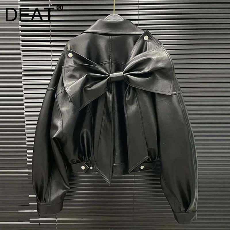 DEAT 2025 Early Autumn New Niche Back Big Bow Design Leather Jacket For Women Loose One Button Black Coat Female 11A06141