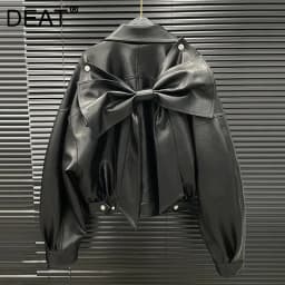 DEAT 2025 Early Autumn New Niche Back Big Bow Design Leather Jacket For Women Loose One Button Black Coat Female 11A06141
