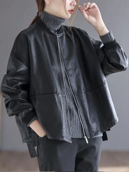 Amax LuluE 2026 Autumn Fashion Biker Clothes Womens Loose Vintage Faux Leather Jackets Luxury Punk Pu Coats Black Big Outerwear