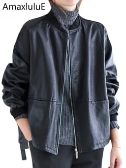 Amax LuluE 2026 Autumn Fashion Biker Clothes Womens Loose Vintage Faux Leather Jackets Luxury Punk Pu Coats Black Big Outerwear