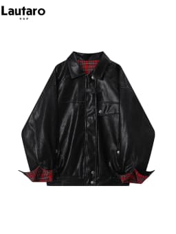 Lautaro-Plaid Patchwork Pu Leather Jacket for Women, Oversized, Soft, Reversible, Long Sleeve, Luxury Designer Clothing, Spring