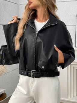 Ailegogo New Spring Autumn Women Moto Biker Black Faux Leather Jacket Streetwear Female Belt Zipper Coat Outwear
