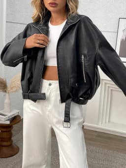 Ailegogo New Spring Autumn Women Moto Biker Black Faux Leather Jacket Streetwear Female Belt Zipper Coat Outwear