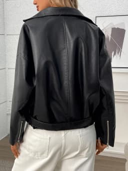 Ailegogo New Spring Autumn Women Moto Biker Black Faux Leather Jacket Streetwear Female Belt Zipper Coat Outwear