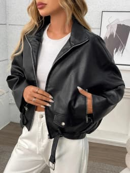 Ailegogo New Spring Autumn Women Moto Biker Black Faux Leather Jacket Streetwear Female Belt Zipper Coat Outwear