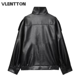2026 New Women Fashion Black Faux Leather Jacket Coat Autumn Winter Casual Loose Zipper Pockets Biker Outerwear Tops Female