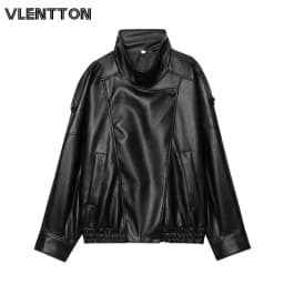2026 New Women Fashion Black Faux Leather Jacket Coat Autumn Winter Casual Loose Zipper Pockets Biker Outerwear Tops Female