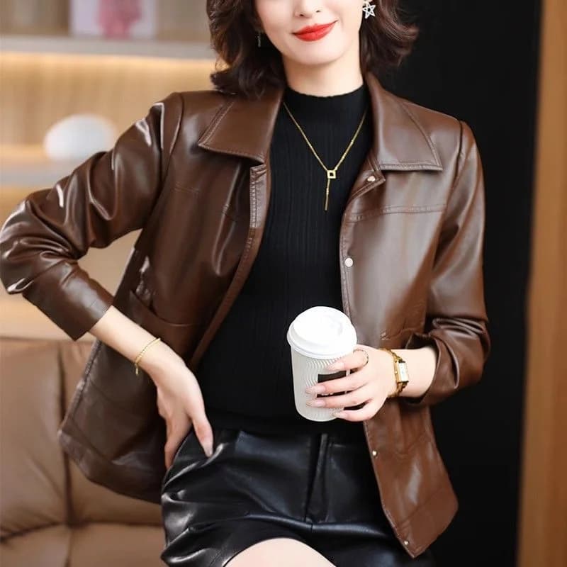 Brown PU leather Jackets Women's High-End New Spring Autumn Casual Short Jacket Leather Mid-Aged Mother Coat Brown Leather Coat