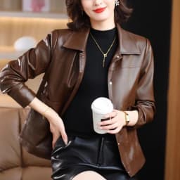 Brown PU leather Jackets Women's High-End New Spring Autumn Casual Short Jacket Leather Mid-Aged Mother Coat Brown Leather Coat
