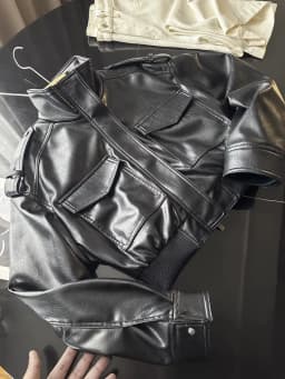 Women Faux Leather Cropped Coat Vintage Bomber Jackets With Pockets Long Sleeve Motorcycle Outerwear Zipper Overcoat