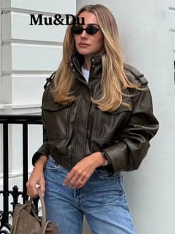 Women Faux Leather Cropped Coat Vintage Bomber Jackets With Pockets Long Sleeve Motorcycle Outerwear Zipper Overcoat