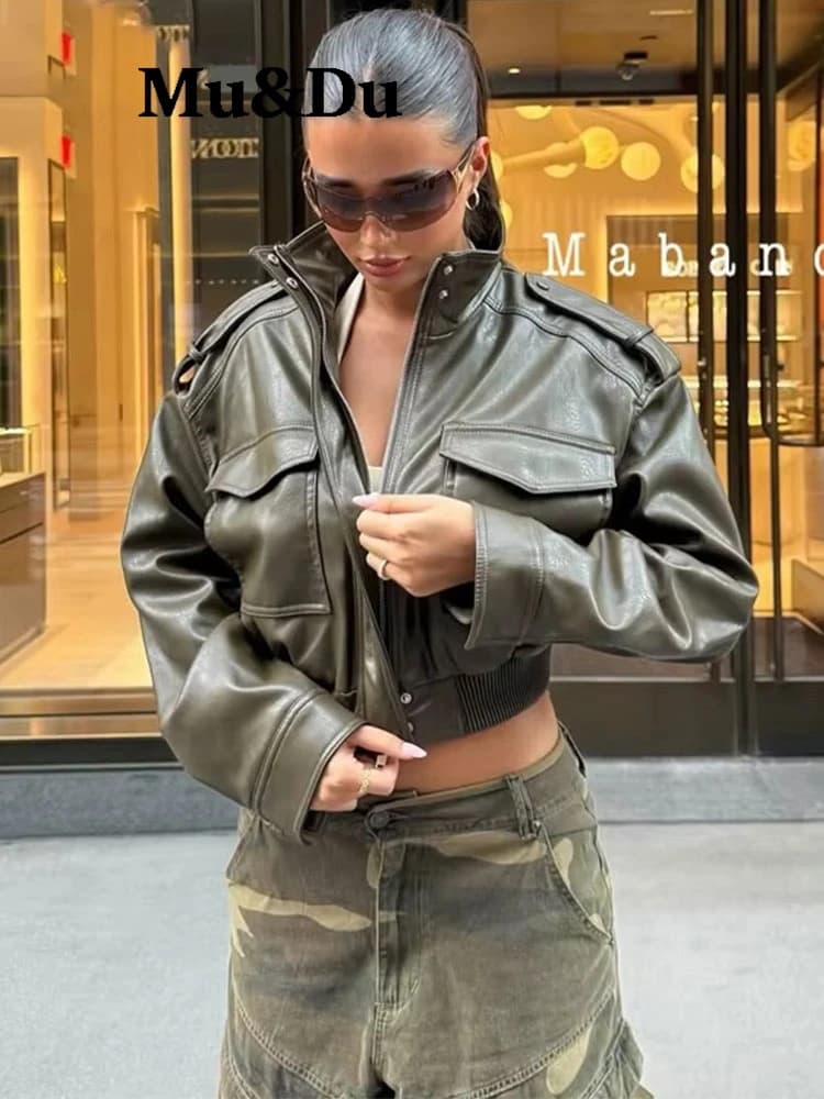 Women Faux Leather Cropped Coat Vintage Bomber Jackets With Pockets Long Sleeve Motorcycle Outerwear Zipper Overcoat