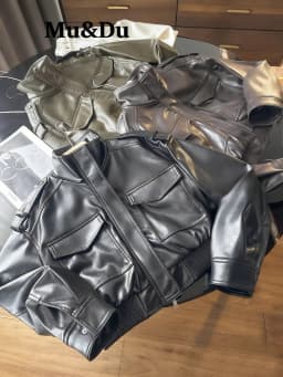 Women Faux Leather Cropped Coat Vintage Bomber Jackets With Pockets Long Sleeve Motorcycle Outerwear Zipper Overcoat