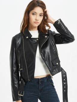 FTLZZ New Autumn Women Pu Leather Jacket Woman Zipper Belt Short Coat Female Black Punk Bomber Faux Leather Outwear