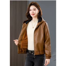 Velvet PU Leather Coat Woman 2026 New Fur Jacket Autumn Winter Hooded Loose Outerwear Slim Short Leather Jackets Ladies Outcoat