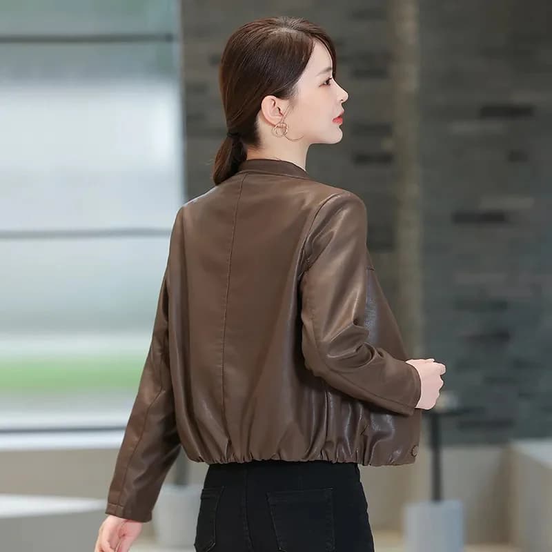 Loose Skinny Leather Jacket Women's Short Jacket 2025 Spring And Autumn New Korean Casual PU Leather Jacket Female Outwear Black
