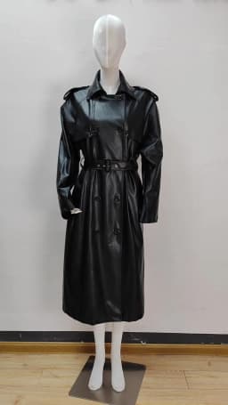 Lautaro Autumn Extra Long Oversized Black Faux Leather Trench Coat for Women Long Sleeve Belt Double Breasted Loose Fashion 2021
