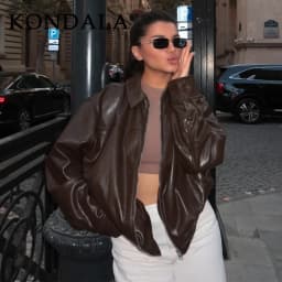 KONDALA 2026 Spring Summer Brown Business Casual Faux Leather Women Jackets Chic Valentine‘s Day Spliced Zipper Ladies Jackets