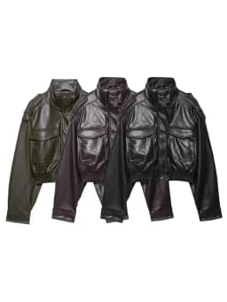 HH Women Faux Leather Cropped Jacket vintage Bomber Jackets With Pockets Long Sleeve Coats Zipper Overcoat Jacket For Woman