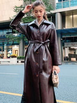 Lautaro Autumn Long Black Cool PU Leather Trench Coat for Women Belt Single Breasted Loose Korean Fashion Wholesale Clothes 2022
