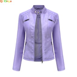 2026 New Lavender Purple Women's Long Sleeve PU Jacket, Fashion Motorcycle Leather Jackets, Red Coat, Black Outerwear.