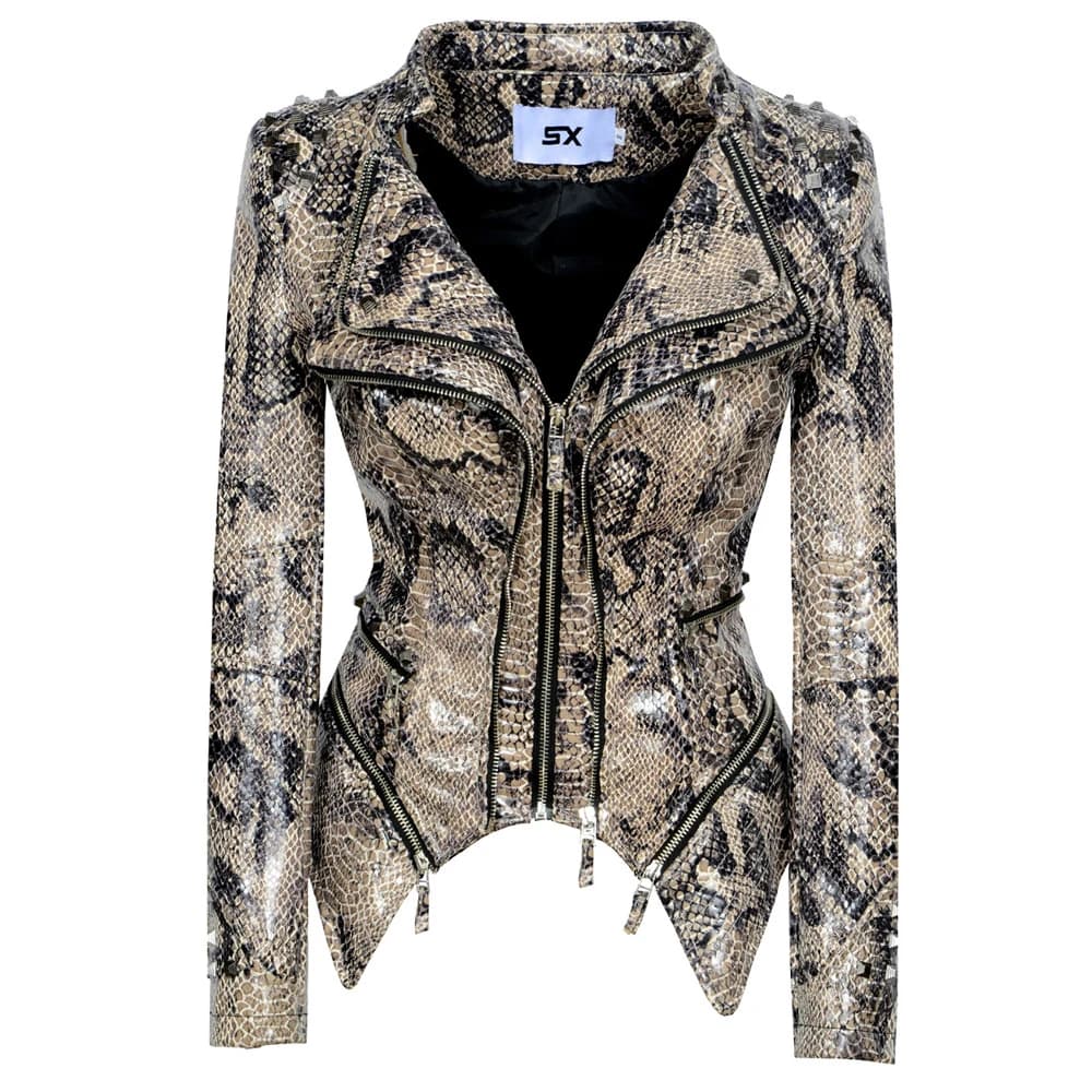 Fashion SX Women Smooth Motorcycle faux PU Leather Jacket Lady Long Sleeve slim Biker Streetwear Snake print black Coat
