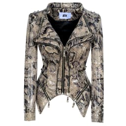 Fashion SX Women Smooth Motorcycle faux PU Leather Jacket Lady Long Sleeve slim Biker Streetwear Snake print black Coat
