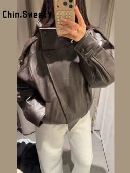 Black Asymmetry Buttons Leather Jackets Women Lapel Long Sleeve Warm Street Jacket 2025 Autumn Winter Lady Thick Outwear New