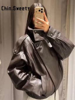 Black Asymmetry Buttons Leather Jackets Women Lapel Long Sleeve Warm Street Jacket 2025 Autumn Winter Lady Thick Outwear New