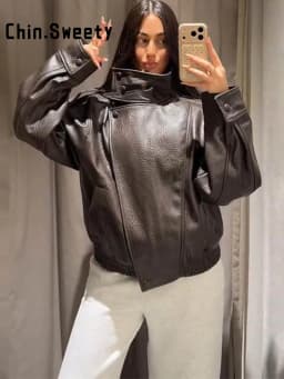 Black Asymmetry Buttons Leather Jackets Women Lapel Long Sleeve Warm Street Jacket 2025 Autumn Winter Lady Thick Outwear New
