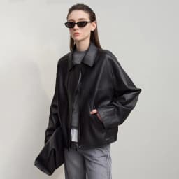 Amii Leather Jacket Women 2026 Autumn New Minimalist Lapel Loose PU Leather Zipper Shoulder Long Sleeve Coat for Woman 12543228